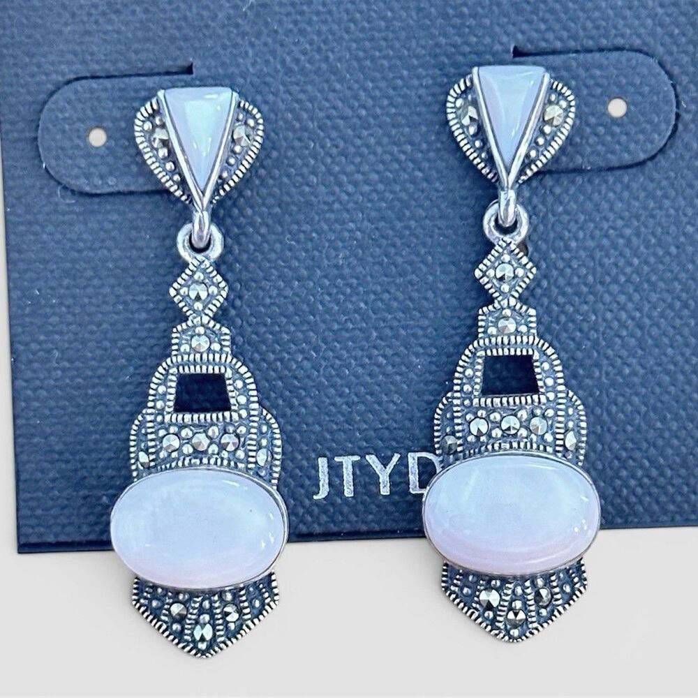 VTG Style Art Deco Drop Earrings Sterling Silver 925 Mother of Pearl Marcasite